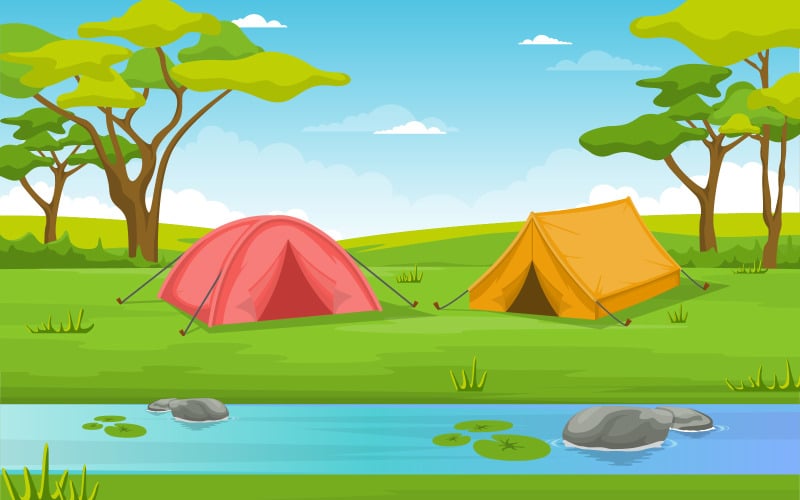 Download Иллюстрация "River Park Camping - Illustration" / River Park Camping - Illustration - Иллюстрация на тему графика camping,adventure,outdoor,park,river,nature,landscape,cartoon,illustration,vector,mountain,night,poster,trail,view,art,forest,moon,wonderland,beauty