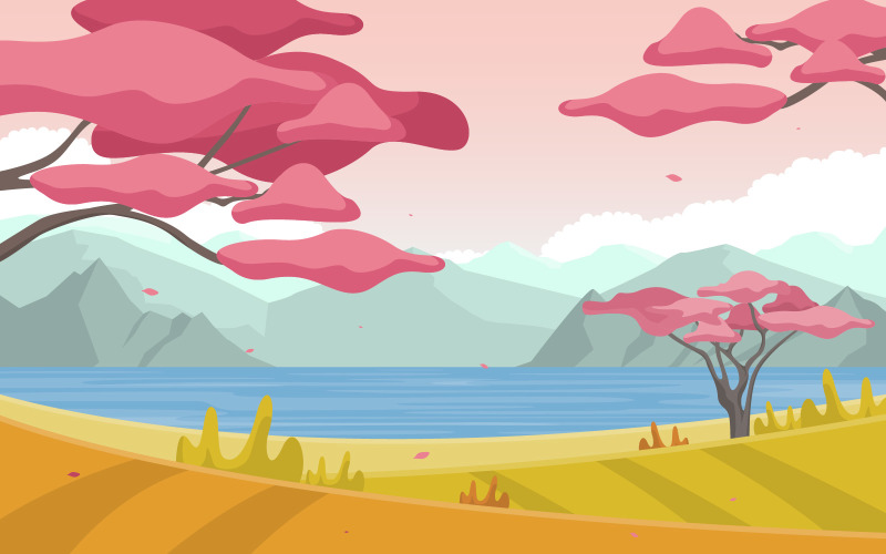 Download Иллюстрация "Fall Season Japan - Illustration" / Fall Season Japan - Illustration - Иллюстрация на тему графика autumn,fall,spring,season,japan,sakura,tree,mountain,panoramic,landscape,vector,illustration,cherry,blossom,travel,japanese,art,background,landmark,element