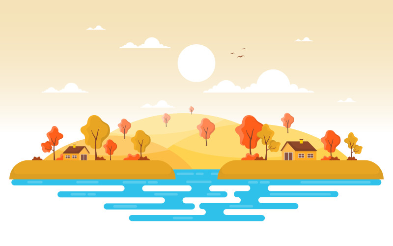 Download Иллюстрация "Fall Season Landscape - Illustration" / Fall Season Landscape - Illustration - Иллюстрация на тему графика autumn,fall,season,tree,golden,yellow,hill,panoramic,landscape,vector,illustration,background,scene,garden,environment,bright,forest,park,city,green