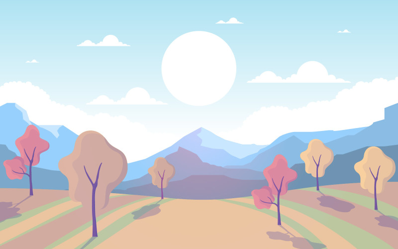 Download Иллюстрация "Golden Autumn Landscape - Illustration" / Golden Autumn Landscape - Illustration - Иллюстрация на тему графика autumn,fall,season,tree,golden,yellow,mountain,panoramic,landscape,vector,illustration,background,scene,garden,environment,bright,forest,park,city,green