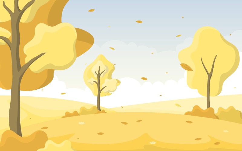 Download Иллюстрация "Golden Fall Landscape - Illustration" / Golden Fall Landscape - Illustration - Иллюстрация на тему графика autumn,fall,season,tree,golden,yellow,nature,panoramic,landscape,illustration,vector,background,scene,garden,environment,bright,forest,park,city,art