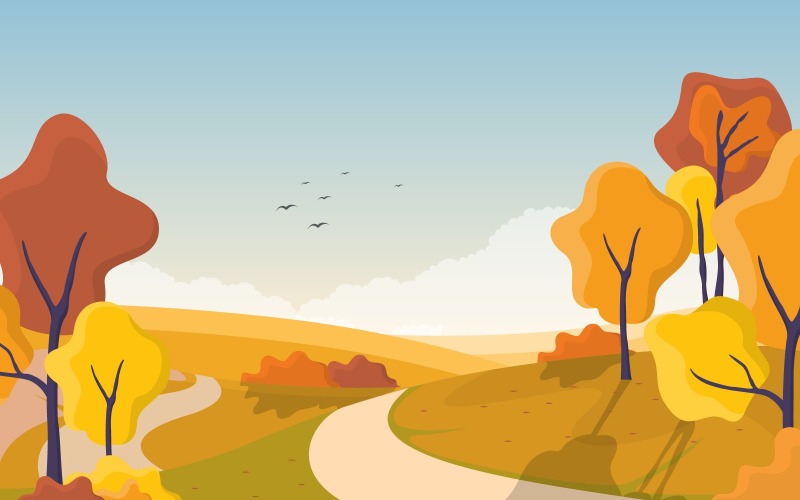 Download Иллюстрация "Golden Tree Landscape - Illustration" / Golden Tree Landscape - Illustration - Иллюстрация на тему графика autumn,fall,season,tree,golden,yellow,nature,panoramic,landscape,illustration,vector,background,scene,garden,environment,bright,forest,park,city,art