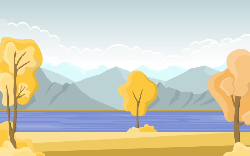 Download Иллюстрация "Golden Yellow Lake - Illustration" / Golden Yellow Lake - Illustration - Иллюстрация на тему графика autumn,fall,season,tree,golden,yellow,lake,panoramic,landscape,vector,illustration,forest,grass,nature,travel,background,scene,garden,environment,bright