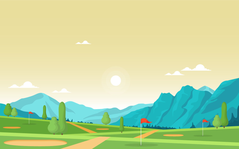 Download Иллюстрация "Green Field Golf - Illustration" / Green Field Golf - Illustration - Иллюстрация на тему графика golf,field,green,grass,tree,outdoor,sport,landscape,vector,illustration,cartoon,background,hole,bunker,countryside,flag,sand,sky,summer,equipment