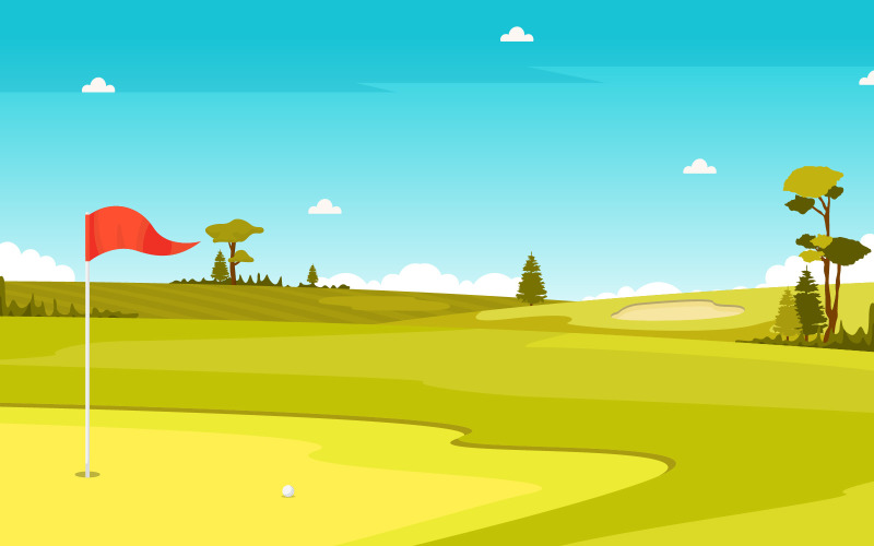 Download Иллюстрация "Green Field Landscape - Illustration" / Green Field Landscape - Illustration - Иллюстрация на тему графика golf,field,green,grass,tree,outdoor,sport,landscape,vector,illustration,cartoon,background,hole,bunker,countryside,flag,sand,sky,summer,equipment
