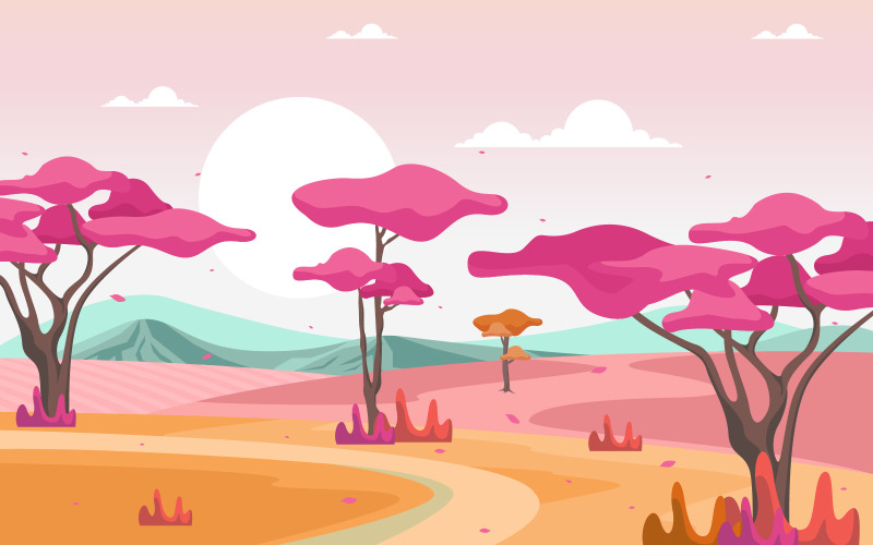 Download Иллюстрация "Japan Autumn Season - Illustration" / Japan Autumn Season - Illustration - Иллюстрация на тему графика autumn,fall,spring,season,japan,sakura,tree,mountain,panoramic,landscape,vector,illustration,cherry,blossom,travel,japanese,art,background,landmark,element