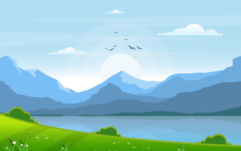 Download Иллюстрация "Lake Green Landscape - Illustration" / Lake Green Landscape - Illustration - Иллюстрация на тему графика summer,lake,green,nature,field,land,sky,landscape,illustration,vector,snow,background,switzerland,forest,river,bliss,cloud,grass,beautiful,european