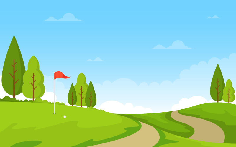 Download Иллюстрация "Sport Field Landscape - Illustration" / Sport Field Landscape - Illustration - Иллюстрация на тему графика golf,field,green,grass,tree,outdoor,sport,landscape,vector,illustration,cartoon,background,hole,bunker,countryside,flag,sand,sky,summer,equipment