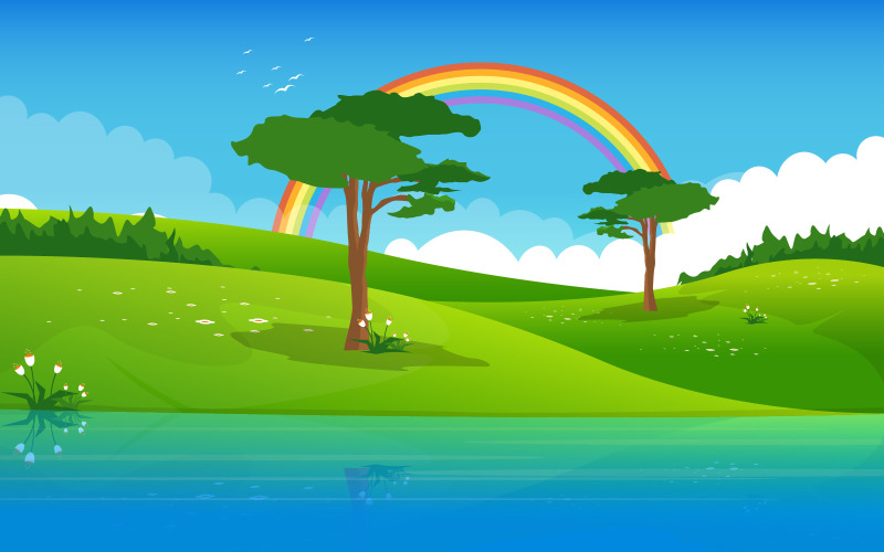 Download Иллюстрация "Summer Field Lake - Illustration" / Summer Field Lake - Illustration - Иллюстрация на тему графика summer,lake,green,nature,field,land,sky,landscape,illustration,vector,snow,background,switzerland,forest,river,bliss,cloud,grass,beautiful,european