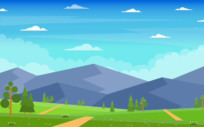 Download Иллюстрация "Summer Green Mountain - Illustration" / Summer Green Mountain - Illustration - Иллюстрация на тему графика summer,mountain,green,nature,field,land,sky,landscape,illustration,vector,lake,snow,background,switzerland,forest,river,bliss,cloud,grass,beautiful