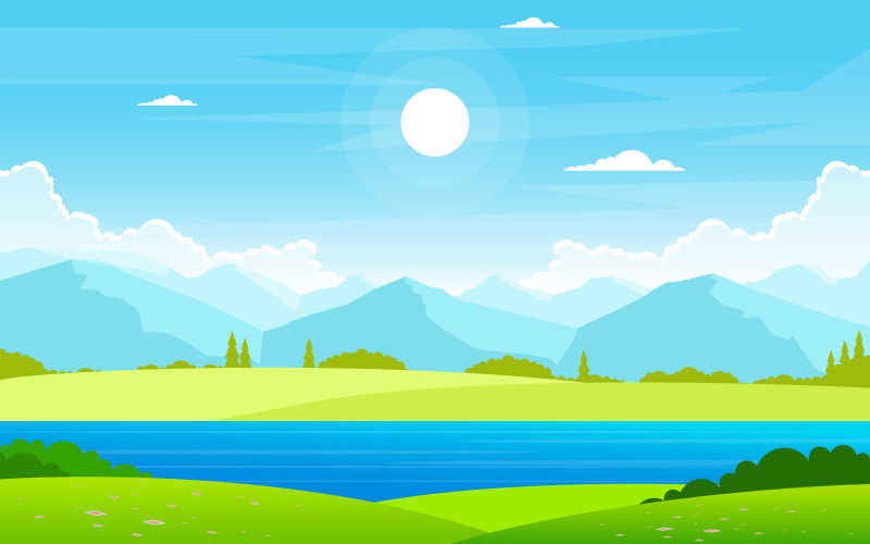 Download Иллюстрация "Summer Lake Green - Illustration" / Summer Lake Green - Illustration - Иллюстрация на тему графика summer,lake,green,nature,field,land,sky,landscape,illustration,vector,snow,background,switzerland,forest,river,bliss,cloud,grass,beautiful,european