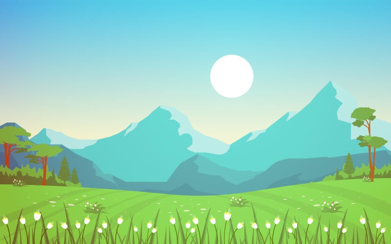 Download Иллюстрация "Summer Mountain Field - Illustration" / Summer Mountain Field - Illustration - Иллюстрация на тему графика summer,mountain,green,nature,field,land,sky,landscape,illustration,vector,lake,snow,background,switzerland,forest,river,bliss,cloud,grass,beautiful