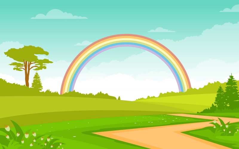 Download Иллюстрация "Summer Rainbow Sky - Illustration" / Summer Rainbow Sky - Illustration - Иллюстрация на тему графика summer,rainbow,green,nature,field,land,sky,landscape,illustration,vector,background,forest,bliss,cloud,grass,beautiful,jungle,travel,environment,view