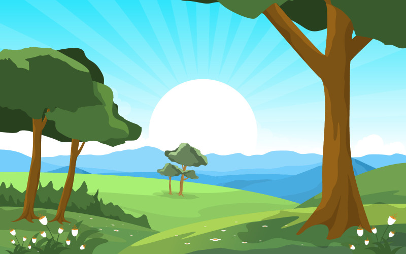 Download Иллюстрация "Summer Sunrise Green - Illustration" / Summer Sunrise Green - Illustration - Иллюстрация на тему графика summer,sunrise,green,nature,field,land,sky,landscape,illustration,vector,lake,snow,background,forest,river,bliss,cloud,grass,beautiful,jungle