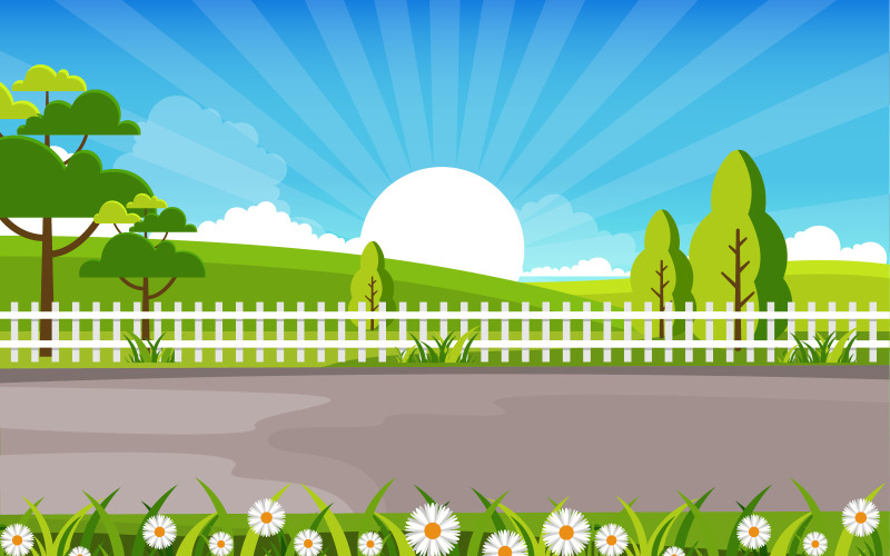 Download Иллюстрация "Summer Sunrise Landscape - Illustration" / Summer Sunrise Landscape - Illustration - Иллюстрация на тему графика summer,sunrise,green,nature,field,land,sky,landscape,illustration,vector,lake,snow,background,forest,river,bliss,cloud,grass,beautiful,jungle