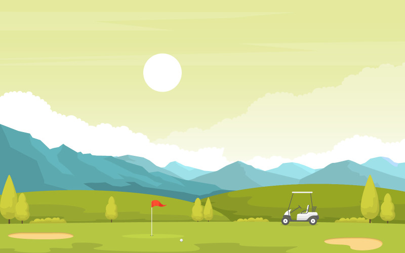 Download Иллюстрация "Tree Golf Field - Illustration" / Tree Golf Field - Illustration - Иллюстрация на тему графика golf,field,flag,cart,grass,tree,outdoor,sport,landscape,illustration,vector,cartoon,background,hole,green,bunker,countryside,sand,land,view