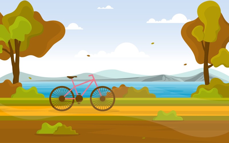 Download Иллюстрация "Yellow Lake landscape - Illustration" / Yellow Lake landscape - Illustration - Иллюстрация на тему графика autumn,fall,season,tree,golden,yellow,lake,panoramic,landscape,vector,illustration,forest,grass,nature,travel,background,scene,garden,environment,bright