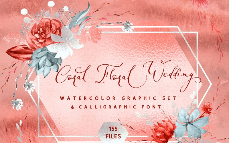 Coral Floral Esküvői grafika és betűtípus - Vállalati-azonosság sablon