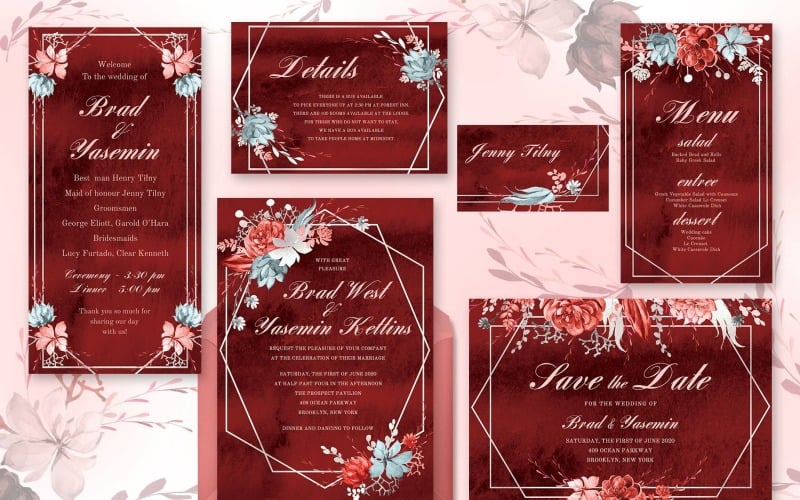 Download Фирменный стиль "Marsala Watercolor Wedding Suite - Corporate Identity Template" / Marsala Watercolor Wedding Suite - Corporate Identity Template - Фирменный стиль на тему графика wedding,feminine,invitation,card,template,romantic,elegant,flourish,chic,flowers,party,floral,watercolor,psd,dark,red,bridal,save the date,editable,digital,download,celebration,blossom,occasi