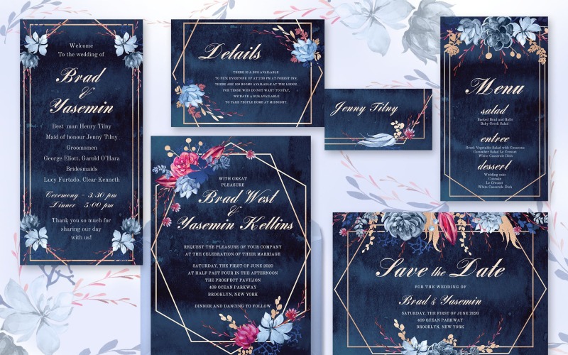 Темно-сині акварельні весільні запрошення - шаблон фірмового стилю