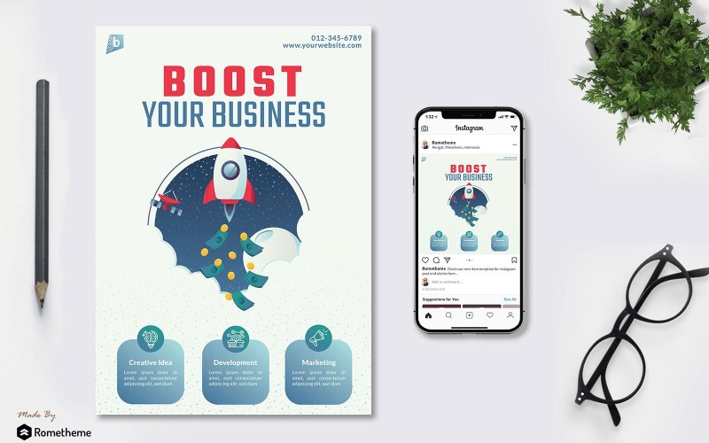 Download Фирменный стиль "Boost Your Business - Flyer &amp; Instagram Post GR" / Boost Your Business - Flyer &amp; Instagram Post GR - Фирменный стиль на тему графика boost,business,businessman,creative,designer,freelancer,man,work,hard,your,startup,flyer,banner,brochure,poster,a4,design,templates