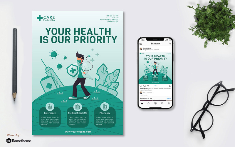 Download Фирменный стиль "Health Medical - Flyer &amp; Instagram Post GR - Corporate Identity Template" / Health Medical - Flyer &amp; Instagram Post GR - Corporate Identity Template - Фирменный стиль на тему графика healt,medical,banner,brochure,center,clinic,creative design,flyer,hospital,instagram,modern,post,print,promotion,feed