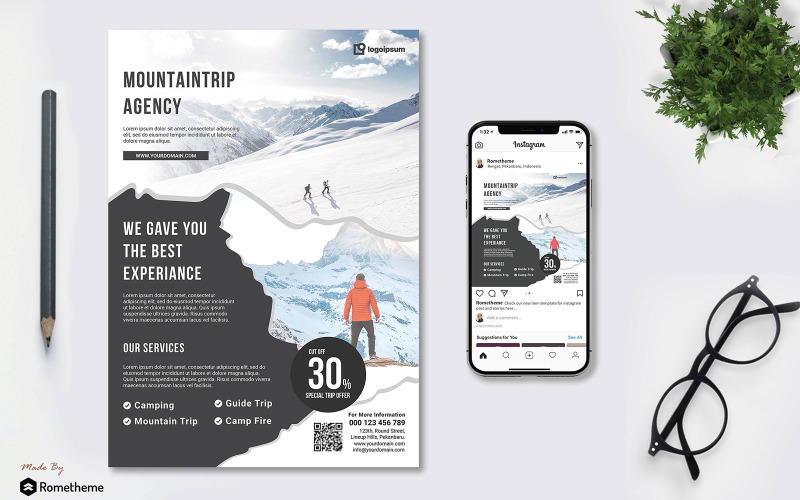 Download Фирменный стиль "Mountaintrip vol.01 - Flyer TY - Corporate Identity Template" / Mountaintrip vol.01 - Flyer TY - Corporate Identity Template - Фирменный стиль на тему графика brochure,business,company,creative,design,flyer,marketing,print,product,professional,promotion,mountain,trip,holiday,forest,high,everest,himalaya