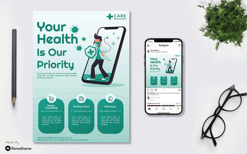 Download Фирменный стиль "Online Health Medical - Flyer &amp; Instagram Post GR" / Online Health Medical - Flyer &amp; Instagram Post GR - Фирменный стиль на тему графика banner,blue,brochure,business,care,clinic,company,corporate,design,digital,doctor,flyer,health,medicine,nurse,print,promotion,services