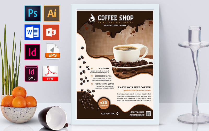 Download Фирменный стиль "Poster | Coffee Shop Vol-02 - Corporate Identity Template" / Poster | Coffee Shop Vol-02 - Corporate Identity Template - Фирменный стиль на тему графика coffee shop,coffee stall,tea shop,tea stall,coffee shop dl flyer,coffee shop rack card,teal stall dl flyer,flyer,psd,eps,indesign,ms word,ms powerpoint,idml,vector eps,psd flyer,eps flyer,idm