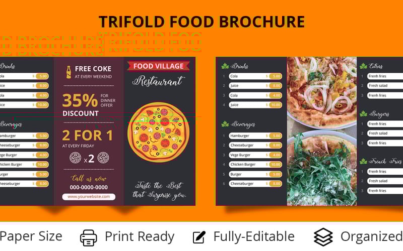 Download Фирменный стиль "Trifold Food Menu Brochure, Flyer PSD, AI - Corporate Identity Template" / Trifold Food Menu Brochure, Flyer PSD, AI - Corporate Identity Template - Фирменный стиль на тему графика snack,three,cartoon,tri,delicious,fold,handout,fresh,leaflet,trifold,poster,graphic,meal,typography,shake,cook,chef,dinner,flyer,a4