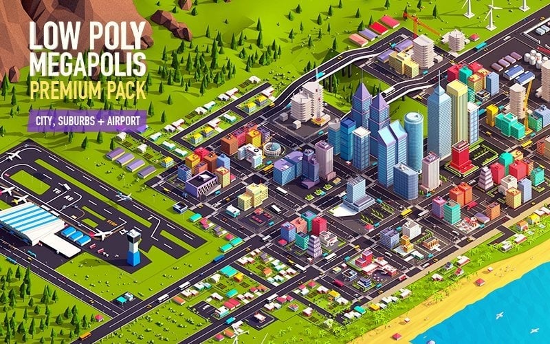 Alacsony Poly Megapolis City Premium Pack 3D modell