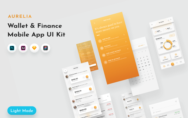 Download UI элементы "Aurelia App UI Kit " / Aurelia App UI Kit  - UI элементы на тему графика app,wallet,funds,money,management,bitcoin,ios,mobile,ui,ux,kit,elements,psd,sketch,premium,dark,light,minimal,gold,golden