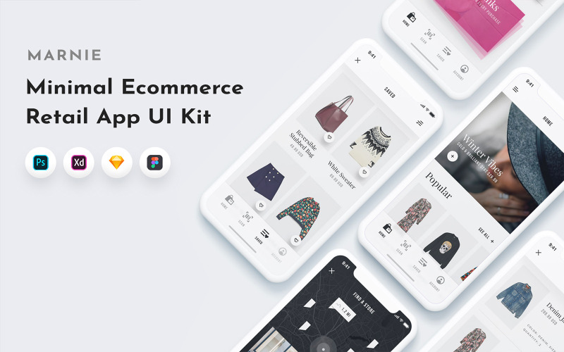 Download UI элементы "Marnie App UI Kit " / Marnie App UI Kit  - UI элементы на тему графика fashion,store ui,shop ui,ios ui,ios app ui,iphone ui,ios app ui kit,retail ui,minimal ui,ecommerce,clothes,app,ui,ux,elements,psd,sketch,customizable,minimal,clean