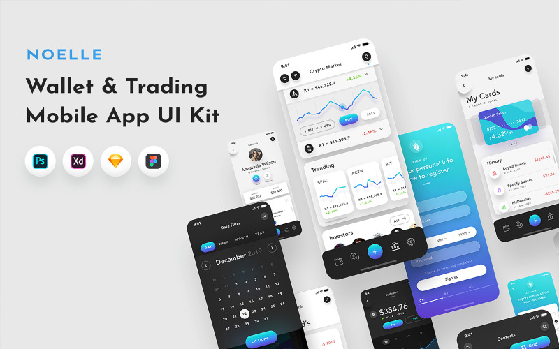 Download UI элементы "Noelle App UI Kit " / Noelle App UI Kit  - UI элементы на тему графика app,wallet,funds,money,bank,credit card,contacts,shoplift,to do,management,crypto,currency,trading,bitcoin,ios,mobile,ui,ux,kit,elements