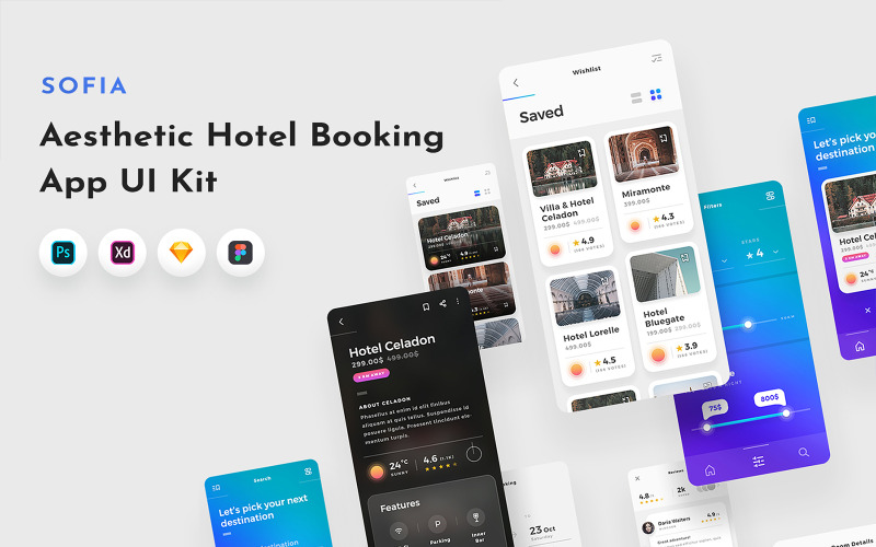 Download UI элементы "Sofia App UI Kit " / Sofia App UI Kit  - UI элементы на тему графика app,hotel,hotel app,hotel app ui,travel app ui,ios ui kit,booking app,iphone ui,app ui kit,mobile ui,travel,browse,booking,payment,blue,purple,gradient,ios,mobile,ui