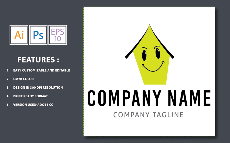 Download Шаблон логотипа "Home Smile Cartoon  Design Logo Template" / Home Smile Cartoon  Design Logo Template - Шаблон логотипа на тему графика face,home,cartoon,funny,graphic,vector,construction,design,house,isolated,icon,template,real,estate,shape,property,smile,building,simple,sign