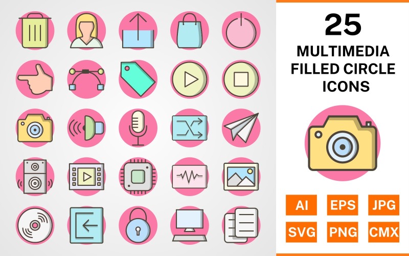 25 conjunto de iconos de círculo lleno de multimedia