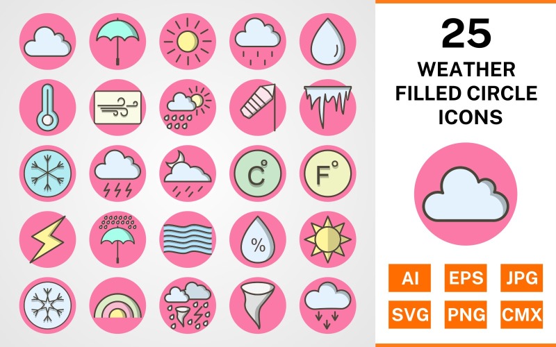 Download Набор иконок "25 Weather Filled Circle Icon Set" / 25 Weather Filled Circle Icon Set - Набор иконок на тему weather set,file,icon,icons,circle,vector,sign,symbol,pictogram,filled,outline,weather,cloud,rain,sun,tornado,rainbow,windy,rain drop,temparature
