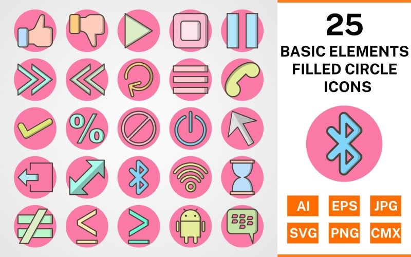 Download Набор иконок "25 Basic Elements Filled Circle Icon Set" / 25 Basic Elements Filled Circle Icon Set - Набор иконок на тему data set,file,icon,icons,circle,vector,sign,symbol,pictogram,filled,outline,basic elements,play,stop,tick,like,cursor,android,blackberry,menu