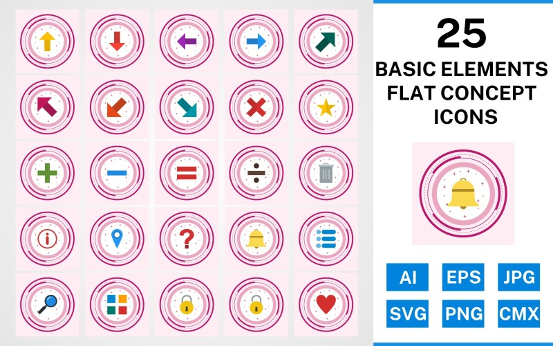 Download Набор иконок "25 Basic Elements Flat Concept Icon Set" / 25 Basic Elements Flat Concept Icon Set - Набор иконок на тему data set,file,icon,icons,flat,vector,sign,symbol,pictogram,design,concept,basic elements,up,down,apps,lock,list,minus,delete,divide