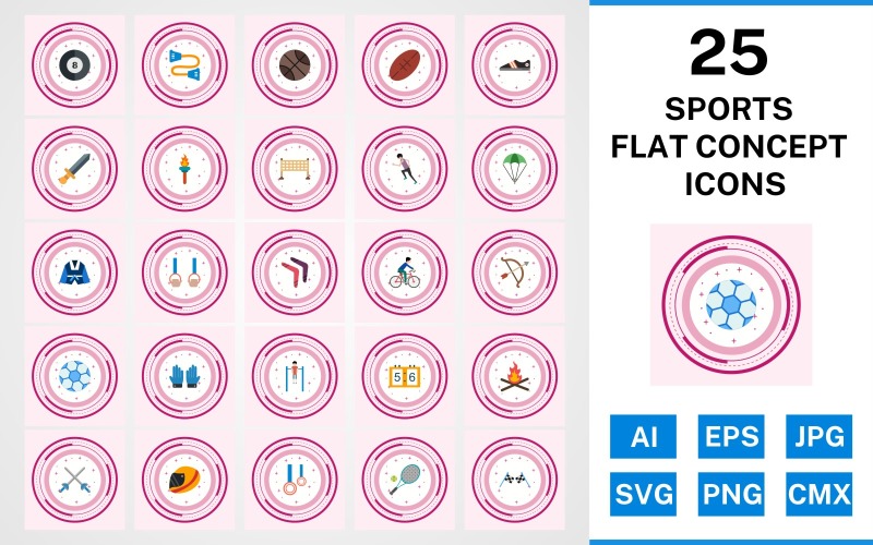 Conjunto de iconos de concepto plano de 25 deportes y juegos