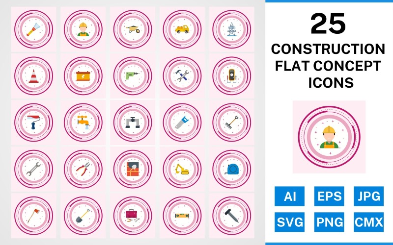 Download Набор иконок "25 Construction Flat Concept Icon Set" / 25 Construction Flat Concept Icon Set - Набор иконок на тему industrial set,file,icon,icons,flat,vector,sign,symbol,pictogram,design,concept,construction,engineer,loader,tools,tool box,drill,paint roller,pipe,saw