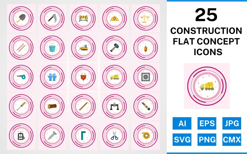 Download Набор иконок "25 Construction Flat Concept Icon Set" / 25 Construction Flat Concept Icon Set - Набор иконок на тему industrial set,file,icon,icons,flat,vector,sign,symbol,pictogram,design,concept,construction,trowel,ladder,bucket,vise,ruler,helmet,hammer,bulldozer