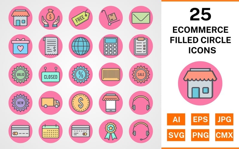 Download Набор иконок "25 Ecommerce Filled Circle Icon Set" / 25 Ecommerce Filled Circle Icon Set - Набор иконок на тему shopping set,file,icon,icons,circle,vector,sign,symbol,pictogram,filled,outline,ecommerce,envelope,saving,trolley,new,sale,atm,shop,discount