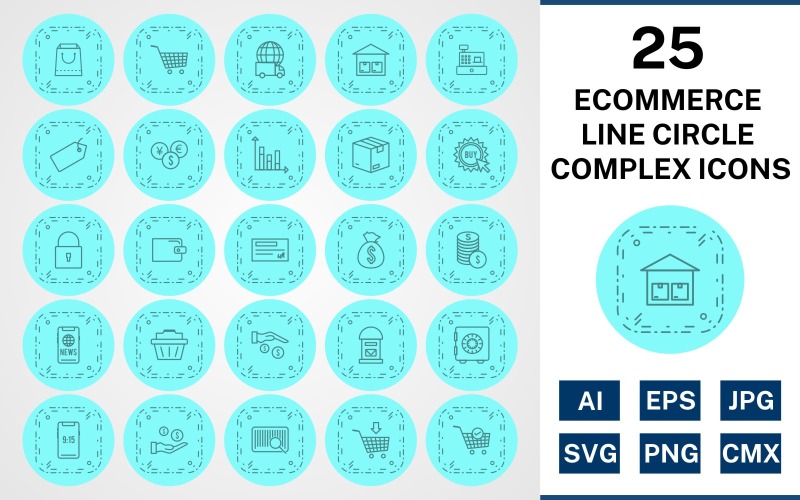 Download Набор иконок "25 Ecommerce Line Circle Complex Icon Set" / 25 Ecommerce Line Circle Complex Icon Set - Набор иконок на тему shopping set,file,icon,icons,circle,vector,sign,symbol,pictogram,line,complex,ecommerce,buy,security,tag,vault,add to cart,payment,basket,cheque