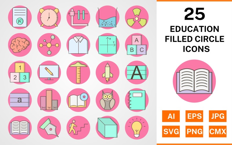 Download Набор иконок "25 Education Filled Circle Icon Set" / 25 Education Filled Circle Icon Set - Набор иконок на тему science set,file,icon,icons,circle,vector,sign,symbol,pictogram,filled,outline,education,brain,cube,book dvd,open book,electron,alarm,notepad,radiation
