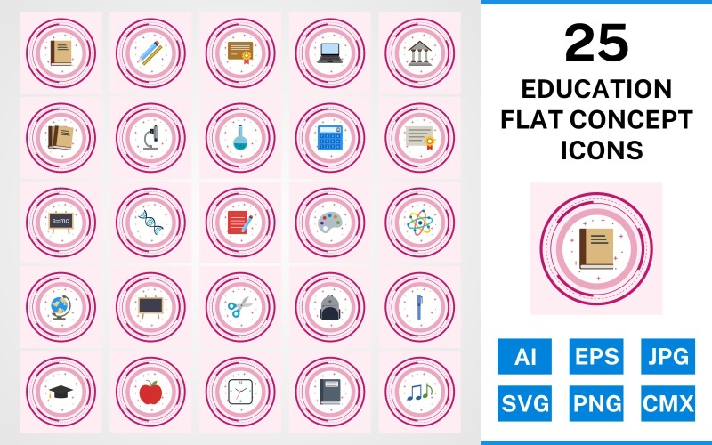 Download Набор иконок "25 Education Flat Concept Icon Set" / 25 Education Flat Concept Icon Set - Набор иконок на тему science set,file,icon,icons,flat,vector,sign,symbol,pictogram,design,concept,education,books,bagpack,notebook,flask,microscope,notes,markers,calculator