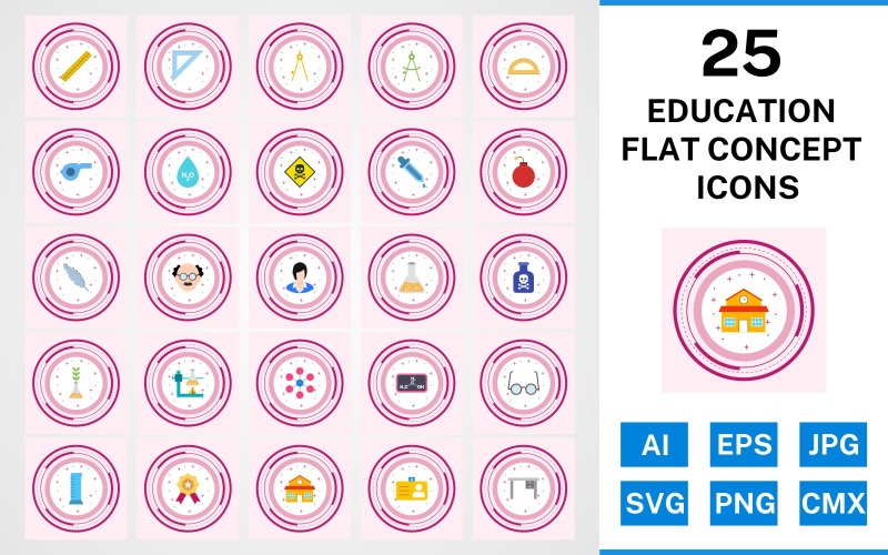 Download Набор иконок "25 Education Flat Concept Icon Set" / 25 Education Flat Concept Icon Set - Набор иконок на тему science set,file,icon,icons,flat,vector,sign,symbol,pictogram,design,concept,education,toxic,scale,school,award,chemicals,beaker,divider,compass