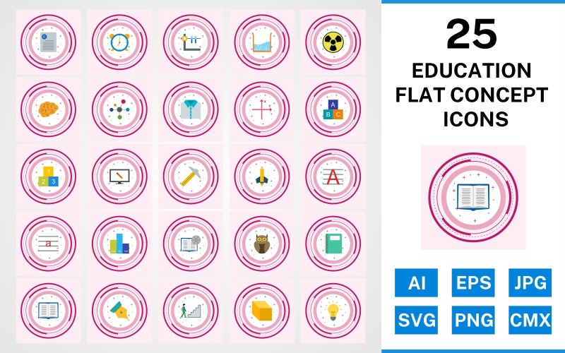 Download Набор иконок "25 Education Flat Concept Icon Set" / 25 Education Flat Concept Icon Set - Набор иконок на тему science set,file,icon,icons,flat,vector,sign,symbol,pictogram,design,concept,education,brain,cube,book dvd,open book,electron,alarm,notepad,radiation