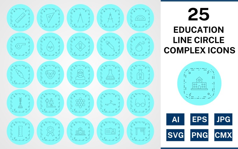 Download Набор иконок "25 Education Line Circle Complex Icon Set" / 25 Education Line Circle Complex Icon Set - Набор иконок на тему science set,file,icon,icons,circle,vector,sign,symbol,pictogram,line,complex,education,toxic,scale,school,award,chemicals,beaker,divider,compass